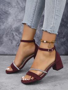 Women's Square Toe Rhinestone Strap High Heel Sandals, Chunky Heels, Suitable For Wedding, Party, Office, Summer - Burgundy - View 4