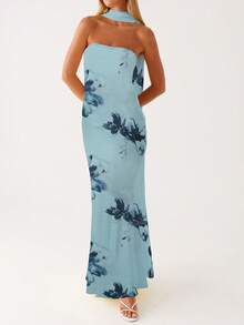 Women Y2k Floral Tube Maxi Dress With Scarf Sleeveless Strapless Backless Mesh Long Bodycon Dresses Formal Cocktail Sundress - 水藍色 - View 2