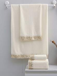 1 件/2 件浪漫心形蕾丝珊瑚绒装饰毛巾（轻薄），超柔软吸水亲肤速干手巾，家居装饰，户外泳池毛巾，成人情侣浴室面巾，浴巾 70*140cm，面巾 34*75cm - 米色 - 查看 2