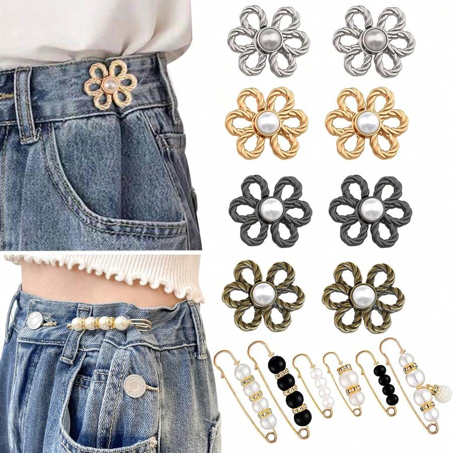 1 Piece Adjustable Pants Waist Size Flower Shape Pin, Fits Jeans, T-Shirts, Pants, No Sewing, Removable Button Pin Without Tools, 1 Piece Pants Waist Tightener, Flower Style Removable, Flower Jeans Button Pin, Instant Jeans Buttons For Loose Jeans, Pants Waist Clips Without Sewing, Adjustable Waist Button Extender Set - Adjustable Waist Buckle - View 1