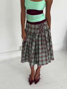 Women's Y2K Plaid Midi Skirts Low Waist Tie Up Half Skirt Skirt Vintage Summer Layered Skirt A Line Skirts Aesthetic Outfit Streetwear