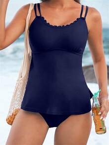 Women 2 Pieces Tankini Swimsuits Solid Color Padded Sleeveless Tank Tops And Swim Bottoms Beach Bikini Set - Trời xanh thẳm - Xem 2