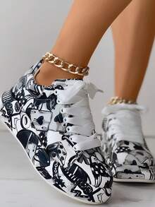 Women's Colorful Graffiti Print Low-Top Sneakers - Breathable Synthetic Cover Casual Shoes With Rubber Sole, Lace-Up Design, All-Season Comfort For Casual Attire, Casual Sneakers | Playful Design Shoes | Durable Casual Shoes - 灰色 - 查看 4