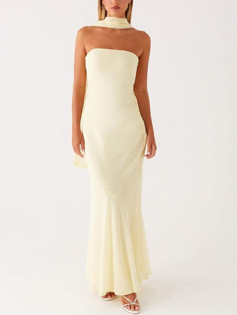 Womens Floral Strapless Dress Y2k Backless Sleeveless Tube Maxi Long Dresses Sexy Mesh Bodycon Summer Beachwear - 黃色 - 查看 1