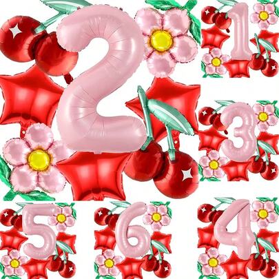 Set de 9 globos de lámina con flores de cerezo y flores rosas surtidas, que incluye números rosas del 1 al 6 de 32", una estrella roja y decoraciones de flores rosas, adecuado para cumpleaños, aniversarios y celebraciones estacionales