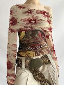 Vintage Print Slash Neck Mesh Sexy Full Sleeve Slim Fit Casual Top Y2K Retro Autumn
