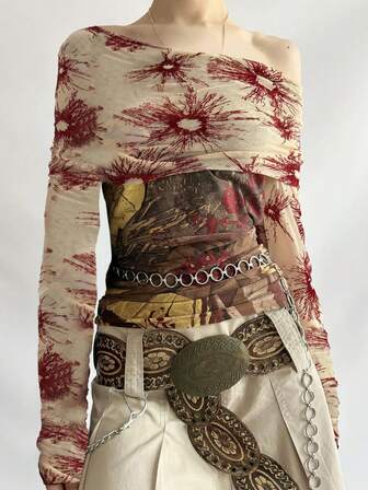 Top casual de ajuste ceñido con cuello de pico, manga larga y estampado vintage, con detalles de malla, en estilo retro Y2K para otoño