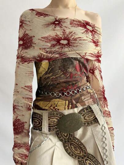 Vintage Print Slash Neck Mesh Sexy Full Sleeve Slim Fit Casual Top Y2K Retro Autumn