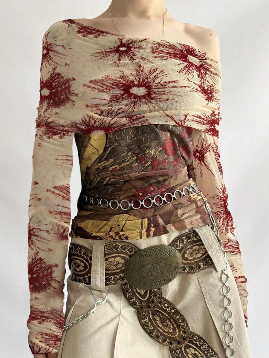 Vintage Print Slash Neck Mesh Sexy Full Sleeve Slim Fit Casual Top Y2K Retro Autumn