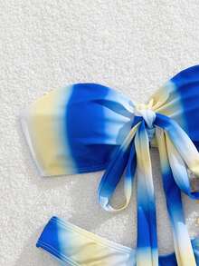 New Spring/Summer Tie-Dye Bandeau With Bow Decor Two Pieces Bikini - Blue and Yellow - View 5
