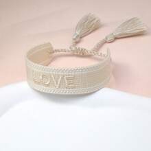 1 pieza Pulsera de cuerda tejida a mano con letra LOVE, estilo bohemio de vacaciones, para fiesta, viaje, uso diario y regalo - Beis - Ver 6