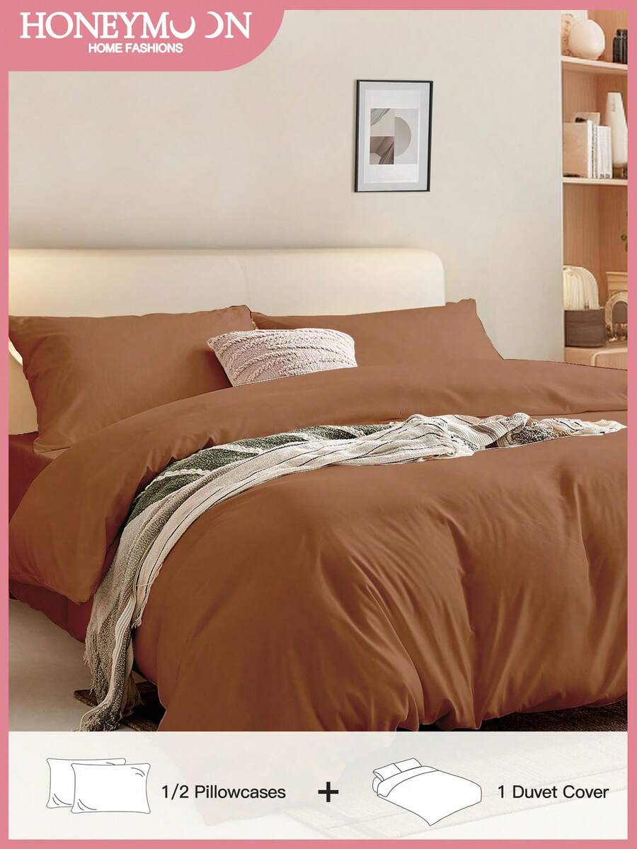 2/3pcs Summer Duvet Cover Set, Without Comforter, Super Soft & Breathable Bedding Set, Includes Pillowcase, Wrinkle-Resistant, Fade-Resistant, Suitable For Hotel Master Bedroom And Guest Room, All Seasons, Multiple Colors And Sizes Available, Bedding Set, Room Decor, Ideal Gift, Essential For Home And Student Dormitory. - Mocha Brown - View 1