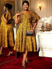 Jacquard A Line Dresses Short Lantern Sleeves Elegant Retro Party Event Plus Size Ladies - Yellow - View 4