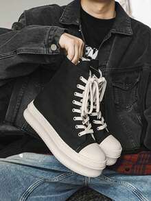 1 Pair Solid Color Casual Punk Preppy Vintage Style Lace-Up High-Top Canvas Shoes, Thick Sole, Suitable For Party, Office, All Seasons - Black - View 1