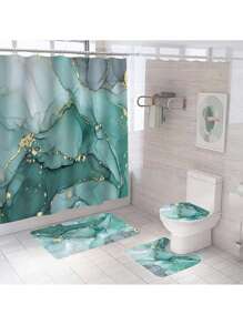 1/4 Pcs Blue & Green Marble Pattern Bathroom Set, Waterproof Shower Curtain With 12 Hooks, U-Shaped Rug, Toilet Lid Cover, L-Shaped Mat, Beautiful Bathroom Decor Accessories Fall Decor Bathroom Accessories Back To School