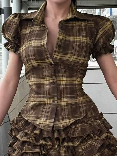Vintage Plaid Short Sleeve Casual Shirts Gentle Sweet Turndown Collar Button-Up Frill Puff Sleeve Shirts Spring Summer Slim Fit Tops