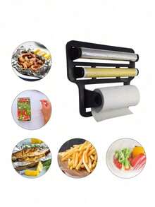 Triple Wall Mounted Holder For Paper Towel Rolls Aluminum Film Utensils Plastic - Negro - Ver 2