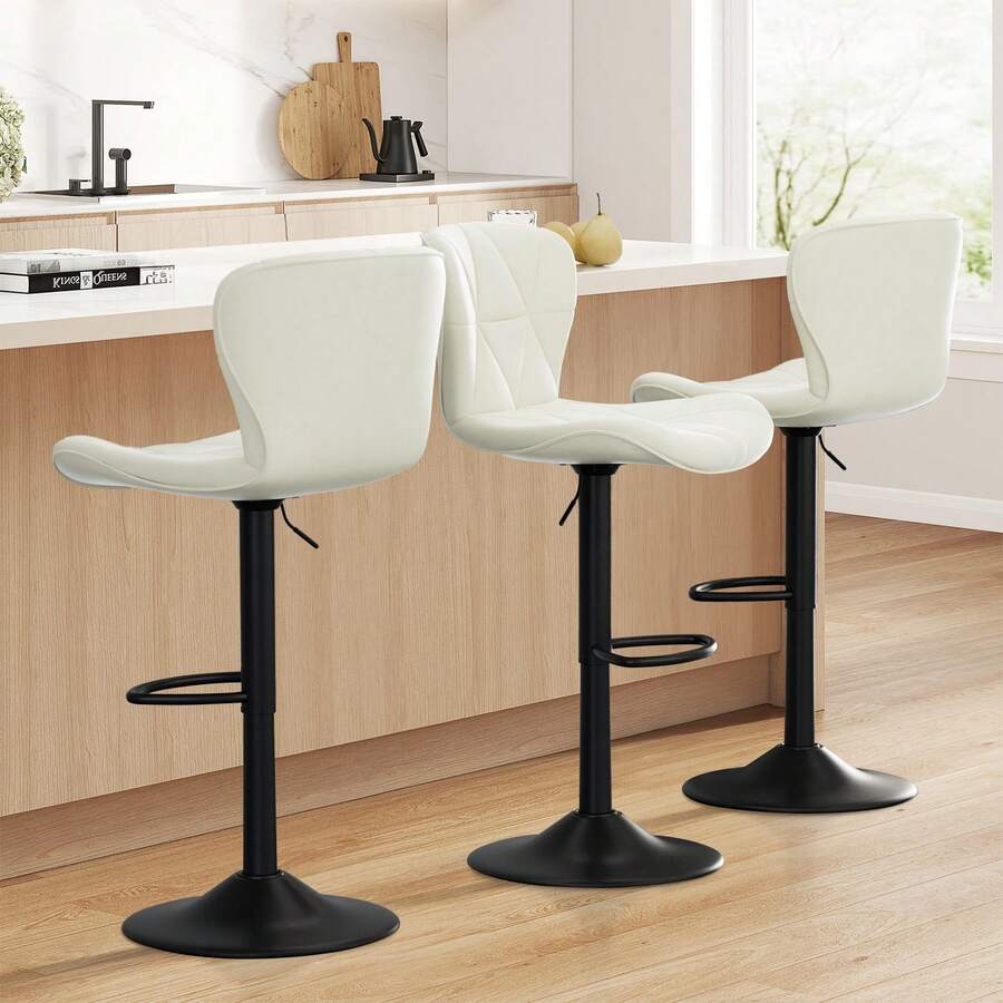 Nalupatio Modern Bar Stool 1 Piece Set, Bar Stool, Faux Leather Upholstered Swivel Bar Stool, Adjustable Counter Height Bar Chair With Backrest For Kitchen Island - 白色 - 查看 1