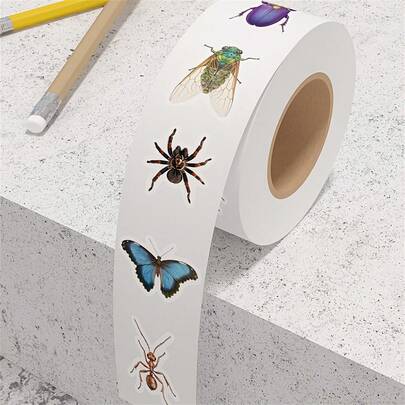 1 لفة/1000 قطعة شريط ملصقات بموضوع الحشرات، ملصقات لاصقة ذاتية من البي في سي للأسطح البلاستيكية والزجاجية والمعدنية والسيراميك، بنهاية مطفأة، لاستخدام واحد، بشكل غير متماثل، لمجلات وحاملات أقلام وجيتار وديكور الكمبيوتر