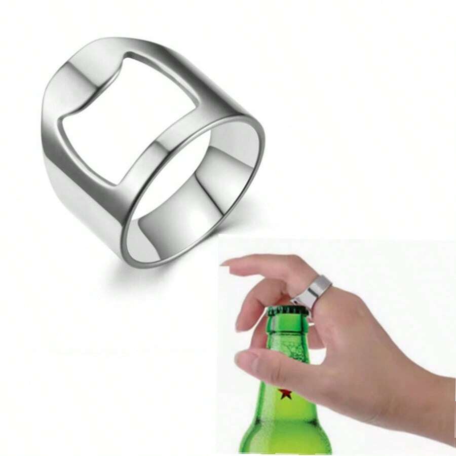 1 件时尚嘻哈钛钢开瓶器戒指，不褪色，适合夜店、派对、调酒师、男士手指戒指 - 銀色 - 查看 1