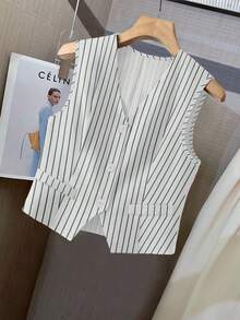 Women Commuter Simple Single-Breasted Striped Vest Jacket Elegant V-Neck Button Tank Top Perfect For All Seasons - White - View 1