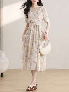 Vestidos de Fiesta Dama De Manga Corta De Floral Con Cuello En V,  Vestidos Elegantes Dama De moda De Estampado Romántico,  Vestidos Largo Dama De Manga Corta De Versátil Para Fiesta - Azul y blanco - Ver 2