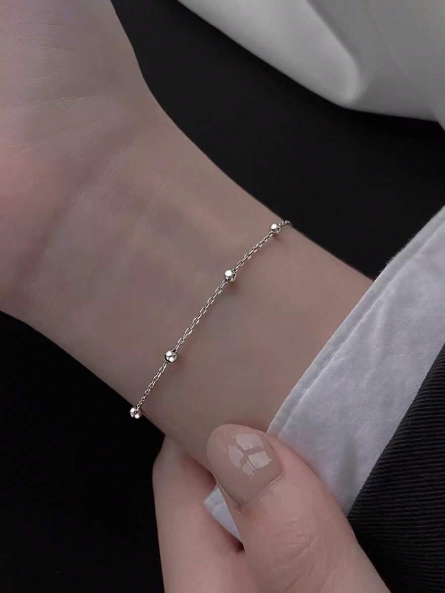 1pc Minimalist Design 925 Sterling Silver Plated Gold Circular Bead Bracelet, Suitable For Daily Wear