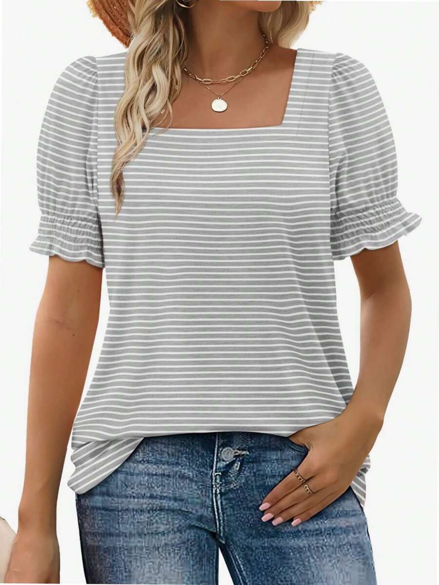 hupos Women's Casual Square Neck Short Sleeved Summer T-Shirt - 條紋灰色 - 查看 1