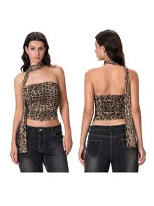 Women Crop Tube Tops Summer Leopard Print Ruched Bandeau Vest Backless Shirts And And Scarf Set For Streetwear - 紅棕色 - 查看 4