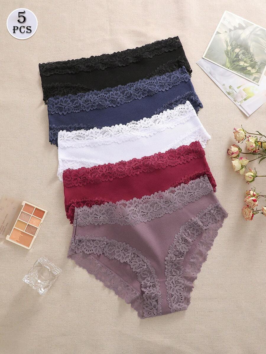 5条装对比色蕾丝透气内裤