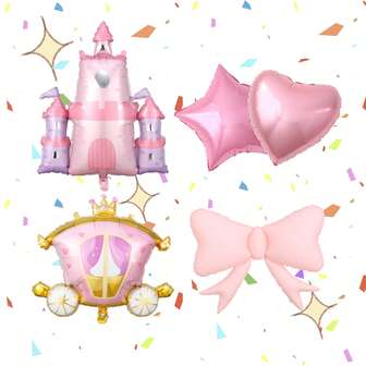 5 件公主铝箔气球套装，城堡马车星心粉色蝴蝶结铝箔气球，适用于公主彩虹婴儿淋浴生日童话派对装饰夏季礼物婚礼海滩返校学校用品房间装饰