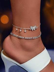 2 pièces Bijoux de plage Chaîne multicouche argentée avec décoration de strass papillon. Bracelet de cheville réglable, accessoire d'été pour la fête