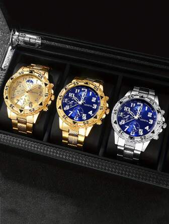 钢制商务腕表，大表盘，三重显示，蓝色玻璃，圆形表盘。青少年男孩的理想礼物