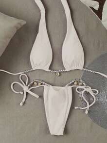 European & American Style Solid Color Sexy Ladies Bikini Swimsuit - White - View 1
