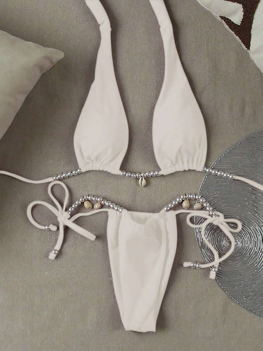 European & American Style Solid Color Sexy Ladies Bikini Swimsuit - White - View 1