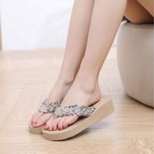 Women Elegant Beige Sandals With Woven Strap - Non-Slip EVA Sole, Mid Heel Thick Bottom, Fashion Outdoor Slippers, Casual Woven Sandals, Elegant Footwear For Summer