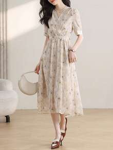 Vestidos de Fiesta Dama De Manga Corta De Floral Con Cuello En V,  Vestidos Elegantes Dama De moda De Estampado Romántico,  Vestidos Largo Dama De Manga Corta De Versátil Para Fiesta - Azul y blanco - Ver 5