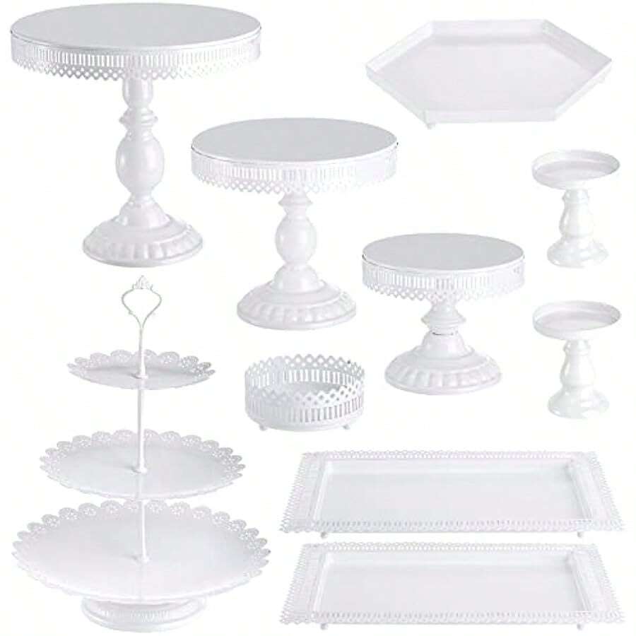 Hedume 10-Set Cake Stands Metal Cupcake Stand Set With Multiple Combination Styles Dert Plate Cake Serving Tray Candy Fruit Display Tower For Wedding Birthday Party Anniversary Baby Shower - White1 - View 1