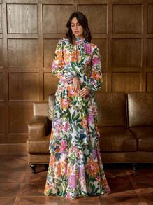 Elegant Vibrant Floral Print Maxi Gown With Fruit & Floral Motif - Lightweight Chiffon Fabric For Luxury Banquets, Red Carpet Events & Elegant Receptions,Party Dress,Formal,Evening,Wedding Guest