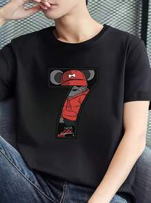 Men's Black T-Shirt With Digital Cartoon Pattern,Men's 220gsm New Summer Casual Crew Neck Pure Cotton Short Sleeve T-Shirt (1 Pc)