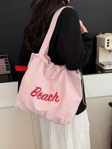 1pc Minimalist Casual Letter Print Shoulder Tote Bag, Large Capacity Shopping Bag, Suitable For Women Outings, Vacations, And Travels - Pink - View 3
