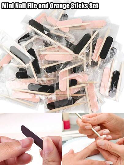 Mini Nail File And Orange Sticks Set For Press On Nails, 20/50pcs Mini Nail File Bulk, Double Sided Disposable Nail Files, Wooden Cuticle Pusher Sticks, Manicure Pedicure Cleaner Tools