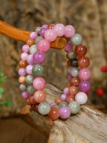 Pulsera de piedras naturales color rosa primaveral, set de pulsera de estilo bohemio con perlas de sunstone, cuarzo rosa y lepidolita, cadena de cristales de equilibrio energético para yoga, apta como regalo para mujeres