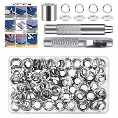 4.5/6/8/10/12/14mm (Inner Size) Grommet Tool Kit, Grommets Eyelets Sets, 100 Set Eyelets Kit With 3pcs Installation Tools Suitable For Clothes Shoes Bag Leather Repairing Canvas, Waterproof Cloth, Tent And Swimming Pool Coverings, DIY Shoes, Clothing, Handicrafts