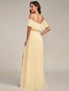 Off-Shoulder Ruffle Sleeve Side Slit A-Line Chiffon Cream Yellow Bridesmaid Dress, Wedding Guest Dress, Wedding/Graduation Ceremony - Yellow - View 3