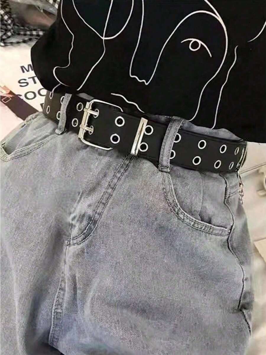 1pc/2pcs Punk Style Waist Belt, Fashion Chain Decorated Jeans Belt With Grommet, Suitable For Casual Daily Wear, Unisex - Multicolor - View 1