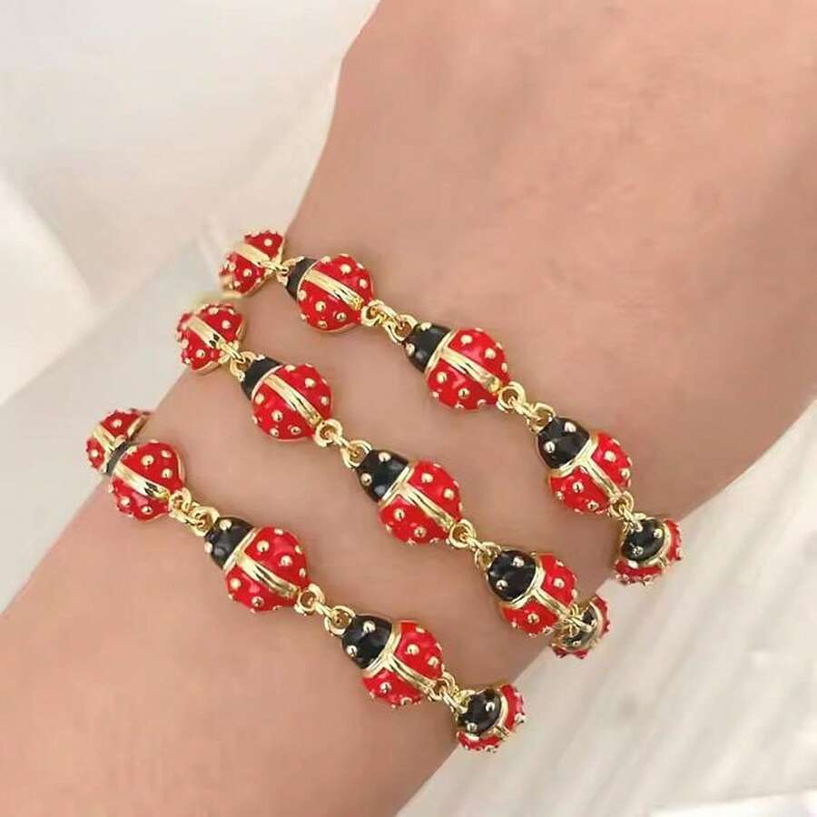 1pc 2025 Fashion Jewelry Gold Plated Enamel Red Insect Ladybug Strawberry Bracelet - Charm Bracelet - View 1