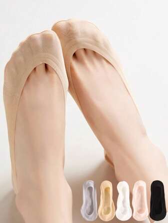 5pairs Non-Slip Invisible Socks Slippers Seamless Ice Silk Boat Socks Summer Thin Solid Casual Breathable Low Cut Socks Women
