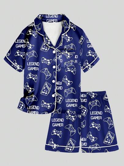 طقم مكون من قميص وشورت لمراهق 2 قطعة بطباعة ألعاب فيديو باللون الأزرق، نمط بسيط وعصري للنوم