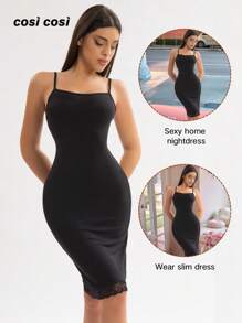 1 pezzo Vestito da donna nuovo per primavera/estate con inserti in pizzo, abito casual elegante e sofisticato senza maniche di colore unito adatto per uso interno/esterno